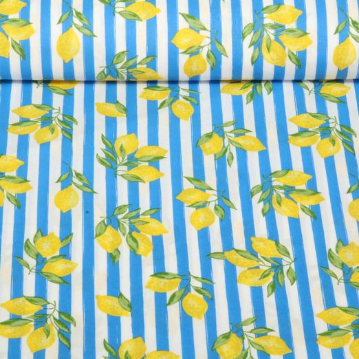 Coton - Rayures Citrons Bleu