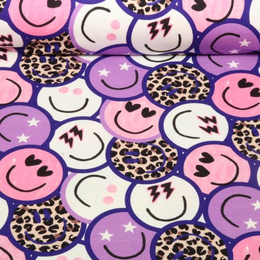 Sweat d'été - French Terry Impression digitale Smileys Léopard Violet