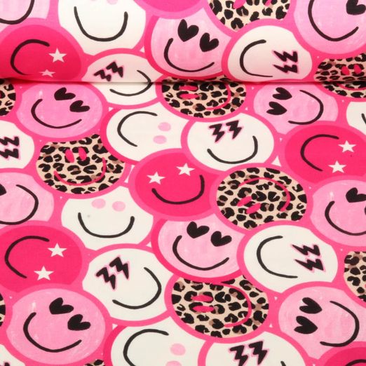 Sweat d'été - French Terry Impression digitale Smileys Léopard Rose vif