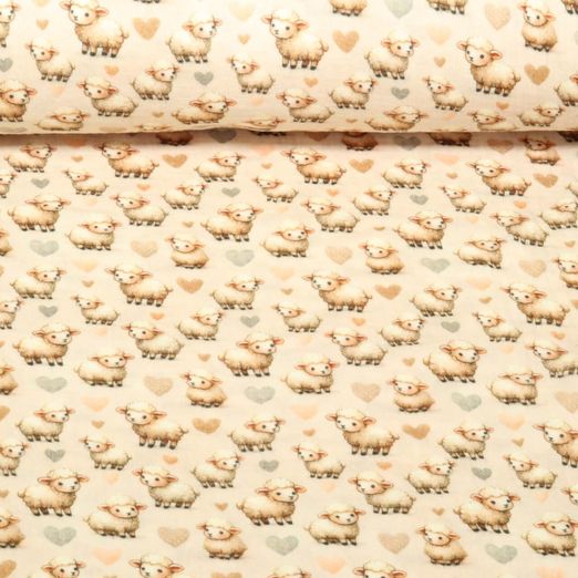 Gaze de coton - Double Gaze Impression digitale Moutons Sable