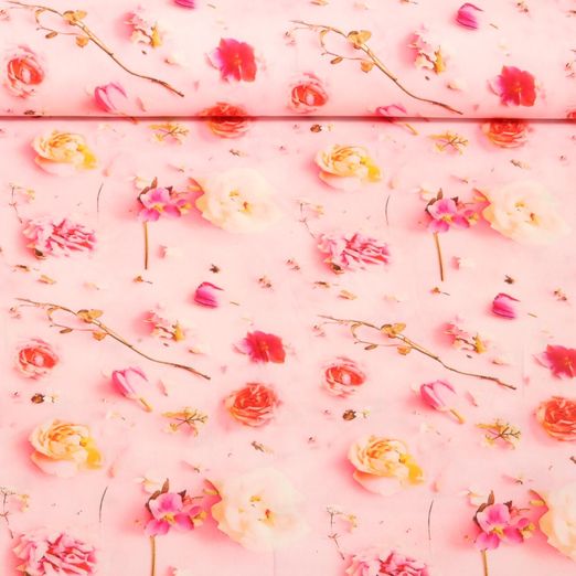 Popeline viscose - Impression digitale Fleurs Rose