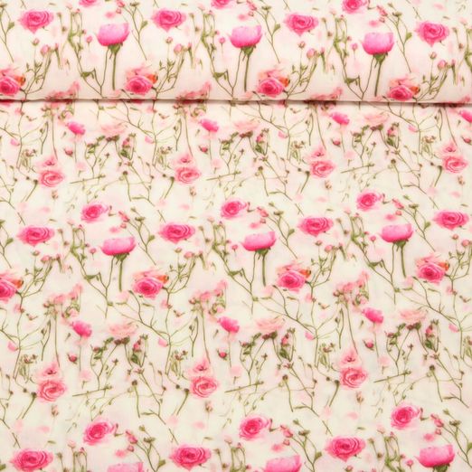Popeline viscose - Impression digitale Roses Blanc