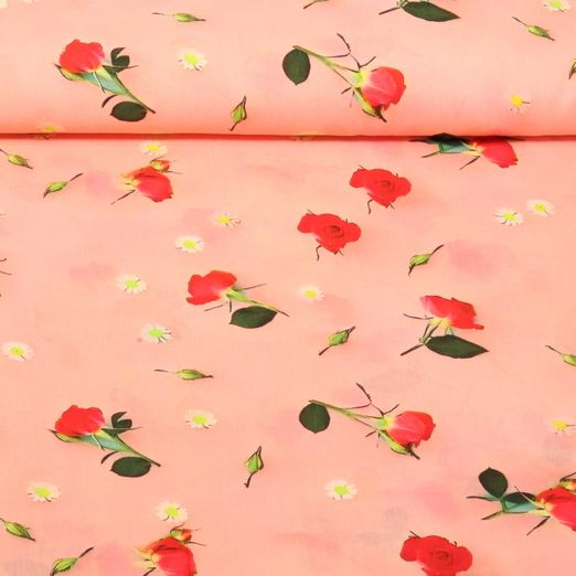 Popeline viscose - Impression digitale Roses Rose