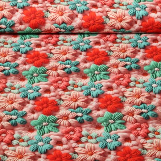 Popeline viscose - Impression digitale Fleurs brodées Rose