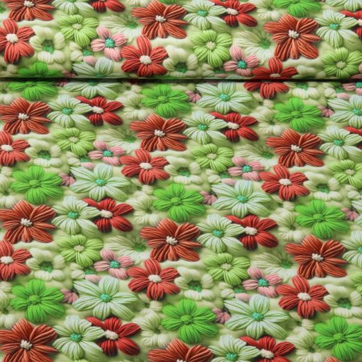 Popeline viscose - Impression digitale Fleurs brodées Vert