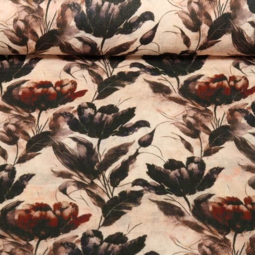 Gaze de coton - Double Gaze Impression digitale Tulipes Beige Rouge
