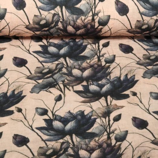 Gaze de coton - Double Gaze Impression digitale Fleurs Beige Bleu