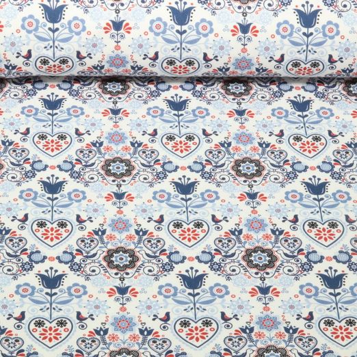 Toile de coton - Maison de campagne Ornements Ecru Bleu clair