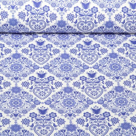 Toile de coton - Maison de campagne Ornements Ecru Bleu encre