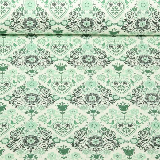 Toile de coton - Maison de campagne Ornements Ecru Vert