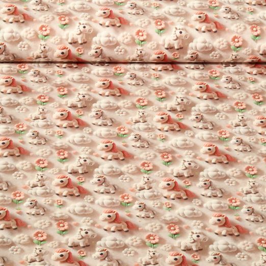 Popeline de coton - Impression digitale 3D Poneys Vieux rose