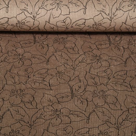 Velours côtelé - Stretch Fleurs Taupe