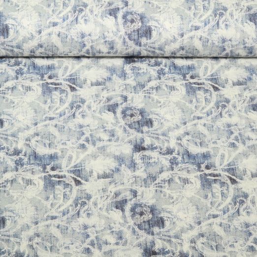 Popeline viscose - Impression digitale Fleurs Vintage Bleu