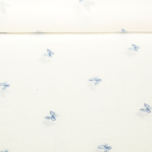 Gaze de coton - Double Gaze Papillons brodés Bleu
