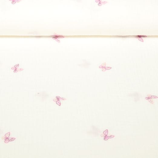 Gaze de coton - Double Gaze Papillons brodés Violet