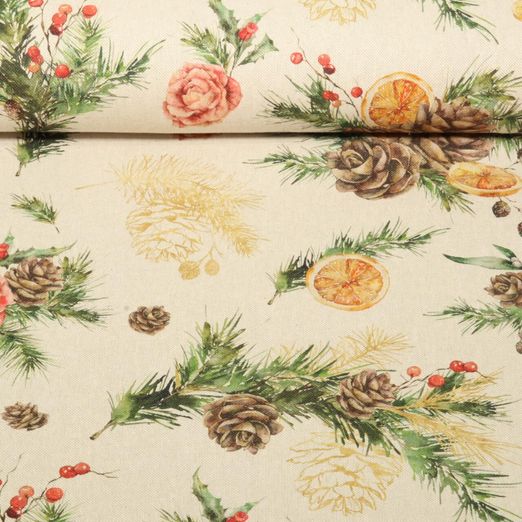 Toile de coton canevas - Noël Nains Effet lin Beige
