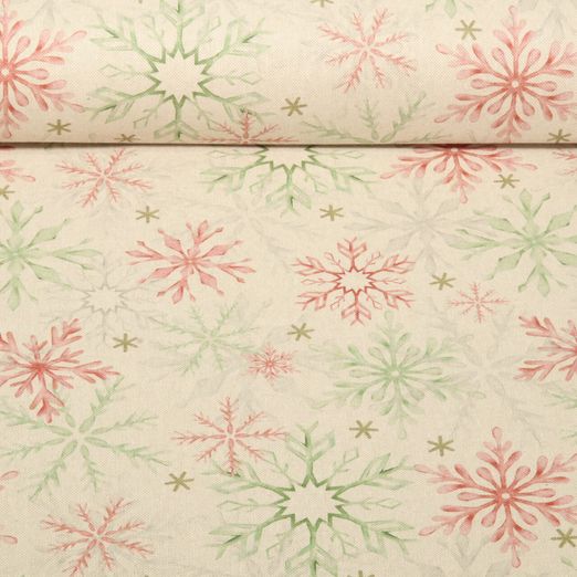 Toile de coton - Noël Flocons de neige Effet lin Beige