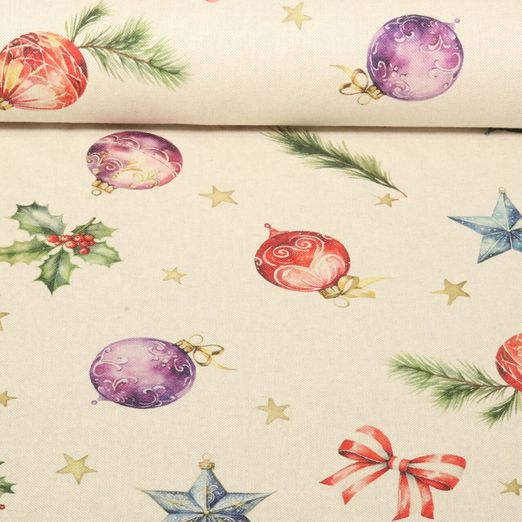 Toile de coton - Boules de Noël Effet lin Beige