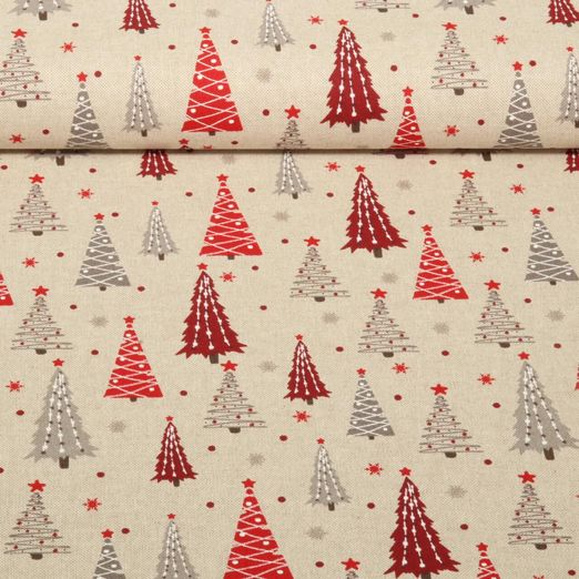 Toile - Sapins de Noël Effet lin Beige Rouge