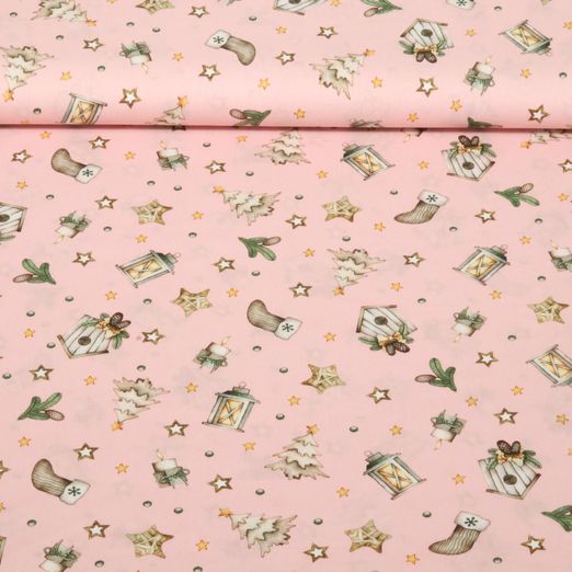 Popeline de coton - Motifs de Noël Rose