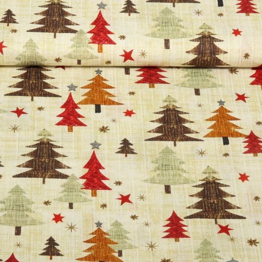 Popeline de coton - Sapins de noël Beige Rouge