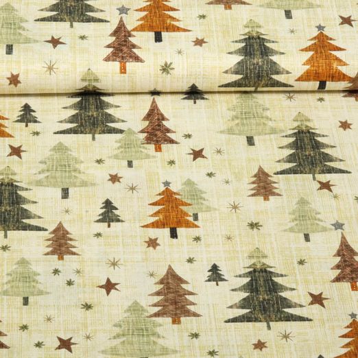 Popeline de coton - Sapins de noël Beige Marron