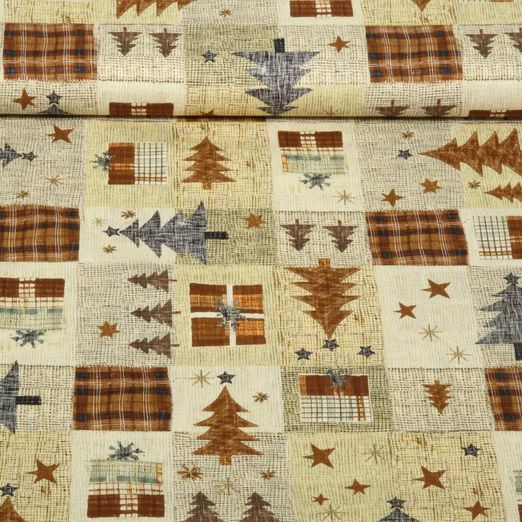 Popeline de coton - Sapins de noël Patchwork Beige Marron