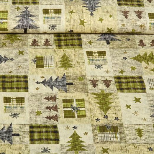 Popeline de coton - Sapins de noël Patchwork Beige Vert
