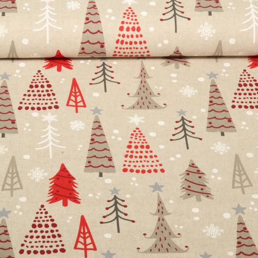 Toile - X-MAS Sapins de noël Effet lin Beige Rouge