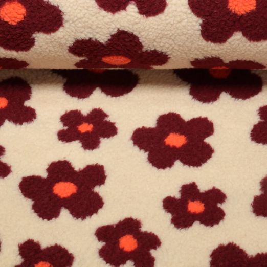 Polaire teddy - Fleurs Beige Rouge vin