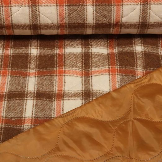 Tissu matelassé pour veste - Carreaux Marron Ouaté Doublé