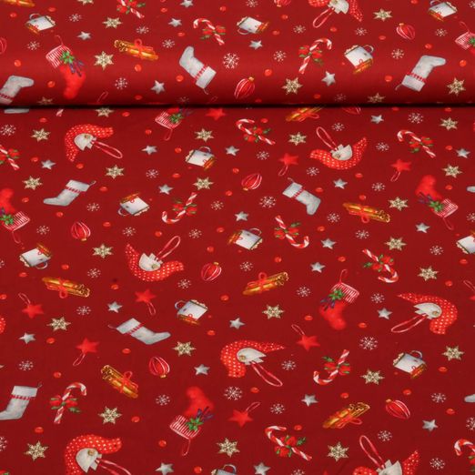 Popeline de coton - Décorations de Noël Rouge