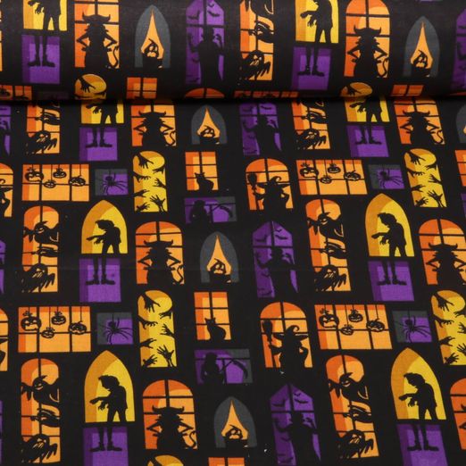 Tissu coton - Halloween Fantômes à la fenêtre Noir
