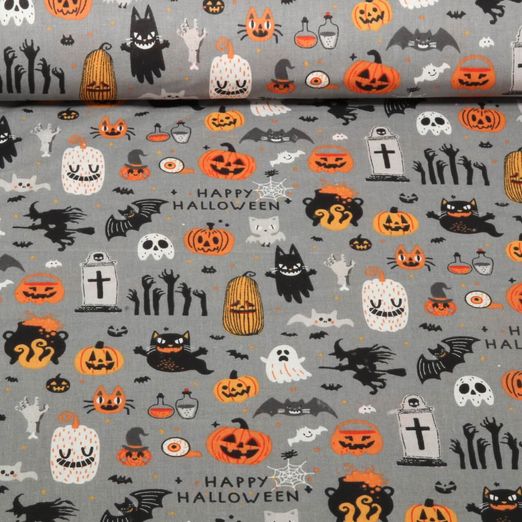 Baumwoll-Webware - Happy Halloween Grau