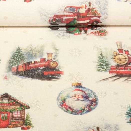 Toile Jacquard - Père-Noël Effet lin Ecru Doré Lurex