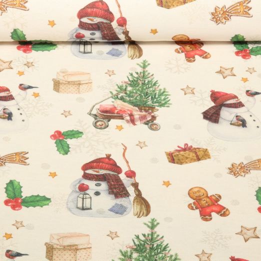 Toile Jacquard - Bonhommes de neige Effet lin Ecru Doré Lurex