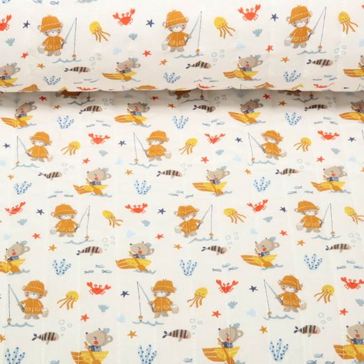Tissu matelassé - Double face Petit ours pêcheur Blanc