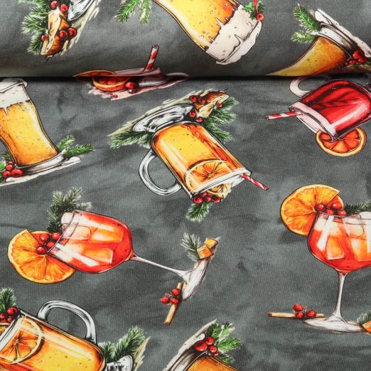 Sweat été - Impression digitale French Terry Boissons de Noël Gris Gratté