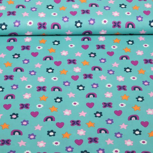 Popeline de coton - Love Coeurs Turquoise