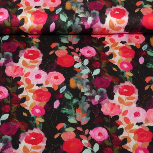 Viskose-Satin - Digitaldruck Blumen Gemalt Schwarz Multicolor