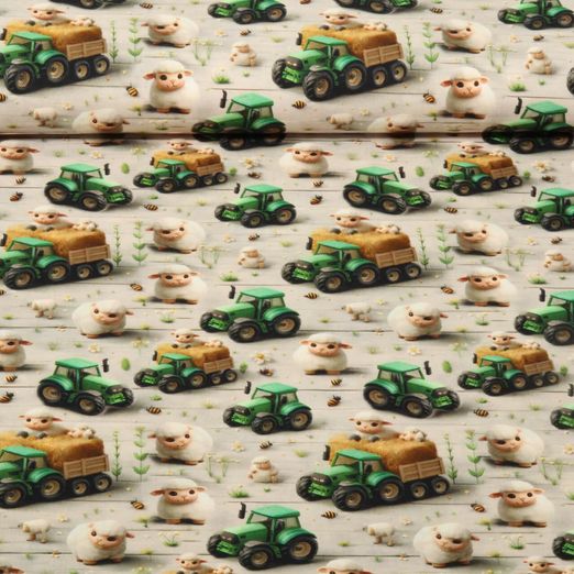 Popeline de coton - Impression digitale 3D Tracteurs Moutons Beige