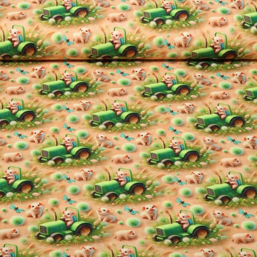 Popeline de coton - Impression digitale 3D Tracteurs Petits cochons Saumon