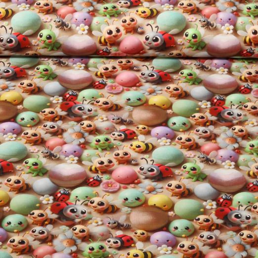 Popeline de coton - Impression digitale 3D Coccinelles Beige