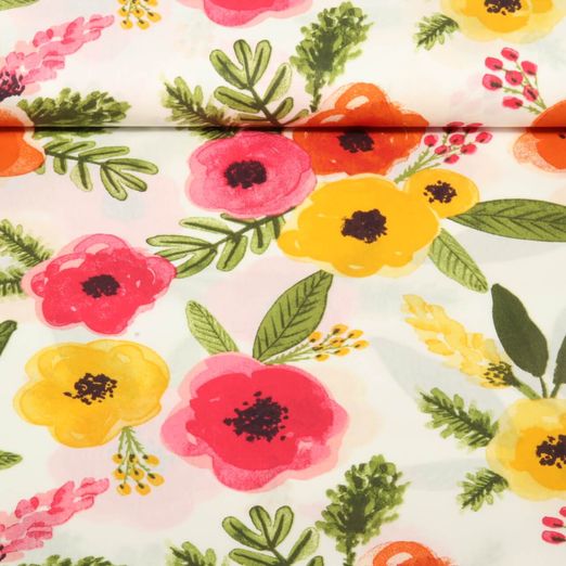 Coton enduit - Fleurs multicolores Blanc
