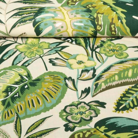 Toile enduite aspect lin - Motif feuilles Blanc vert