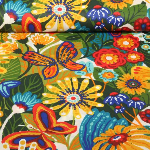Coton enduit - Papillons et fleurs Multicolore