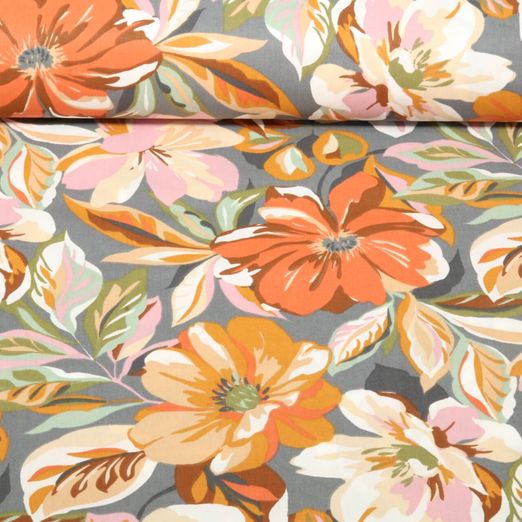 Coton - Grandes fleurs et feuilles Gris