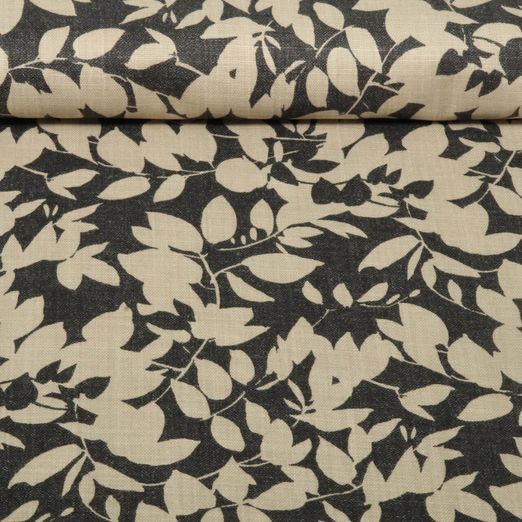 Toile de coton canevas aspect lin - Branches de feuilles Anthracite