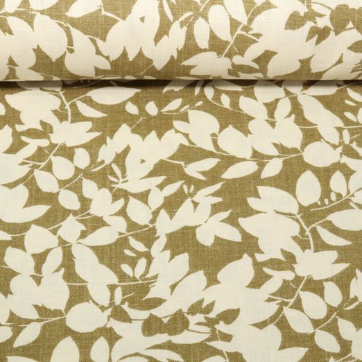 Toile de coton canevas aspect lin - Branches de feuilles Vert kaki
