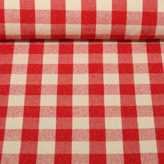 Tissu coton - Torchon de cuisine Noël Lurex Carreaux Rouge Doré